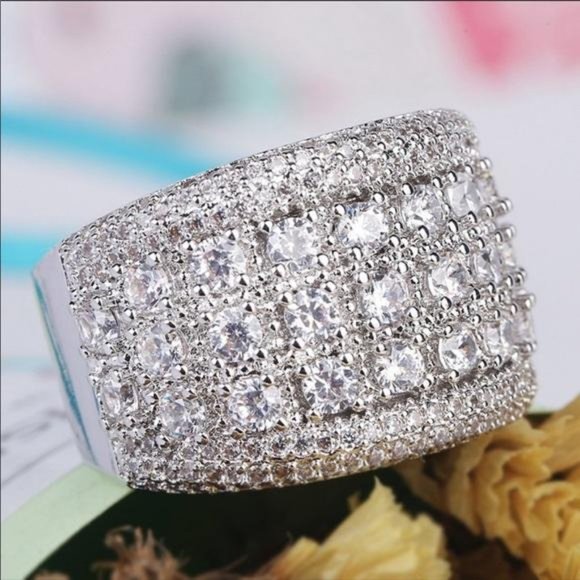 NEW Silver Round Diamond Pave Wide Band Ring - Picture 7 of 8